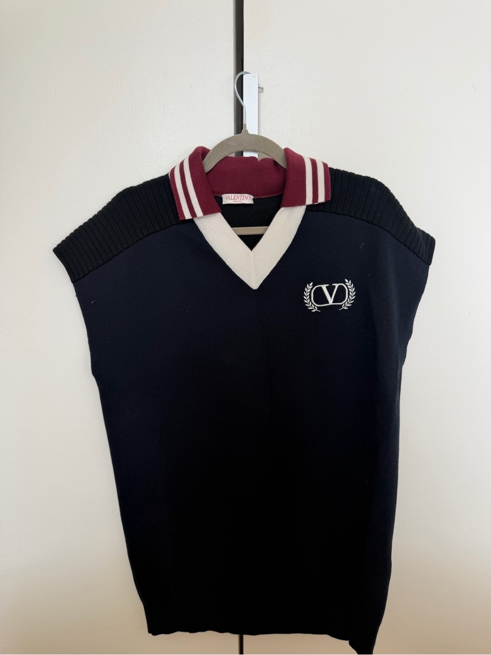 Valentino Navy Knit Vest with Burgundy Trim Unisex